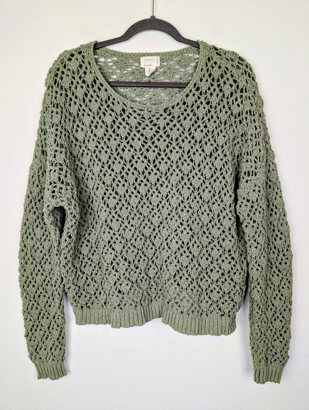 Nicole Miller Atelier Sweater Open Knit Goblincore Fairy Grunge Green Size L